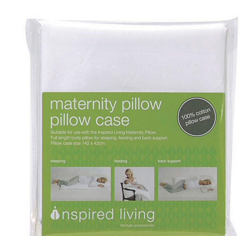Packaged maternity pillow pillow case with green label and 'Inspired Mother' branding.