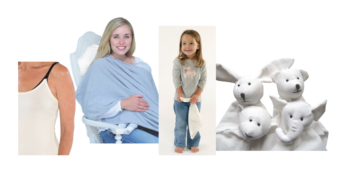 A collage showing a grey nursing wrap draped over a seated woman, a toddler holding a white blanket, and several white plush animal shapes on the right, all on a plain white background.
