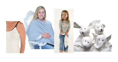 A collage showing a grey nursing wrap draped over a seated woman, a toddler holding a white blanket, and several white plush animal shapes on the right, all on a plain white background.