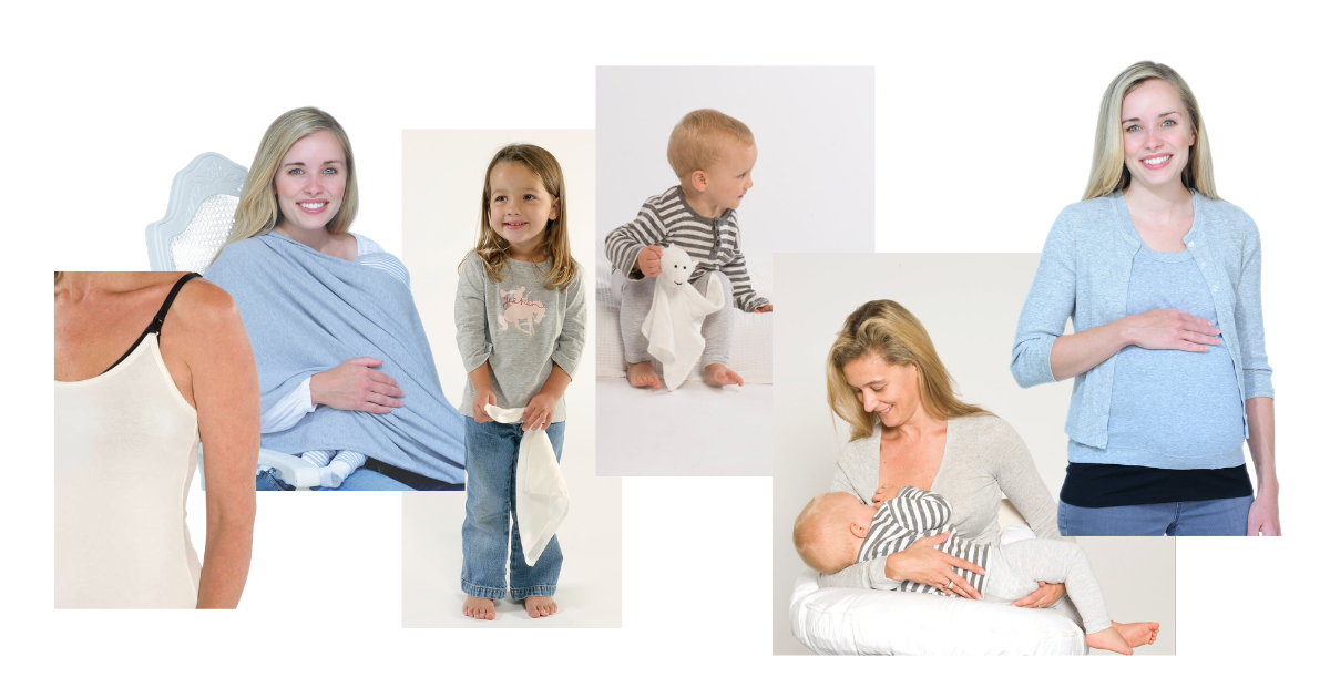 A collage of five photos showing a woman modeling a grey tummy band and nursing wrap in different positions, including sitting, standing, and lying down while holding a baby or a toddler.