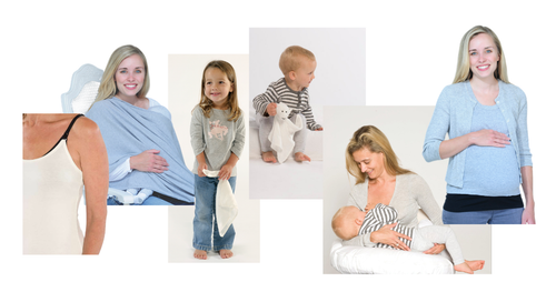 A collage of five photos showing a woman modeling a grey tummy band and nursing wrap in different positions, including sitting, standing, and lying down while holding a baby or a toddler.
