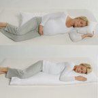 A split-screen demonstration showing a pregnant woman sleeping comfortably in two positions on a bed: curled up on a pillow in the top half, and fully stretched on a long white body pillow in the bottom half.