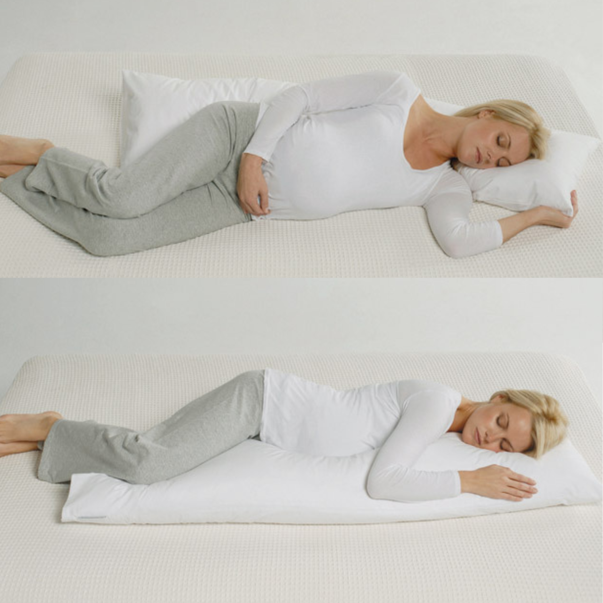 A split-screen demonstration showing a pregnant woman sleeping comfortably in two positions on a bed: curled up on a pillow in the top half, and fully stretched on a long white body pillow in the bottom half.