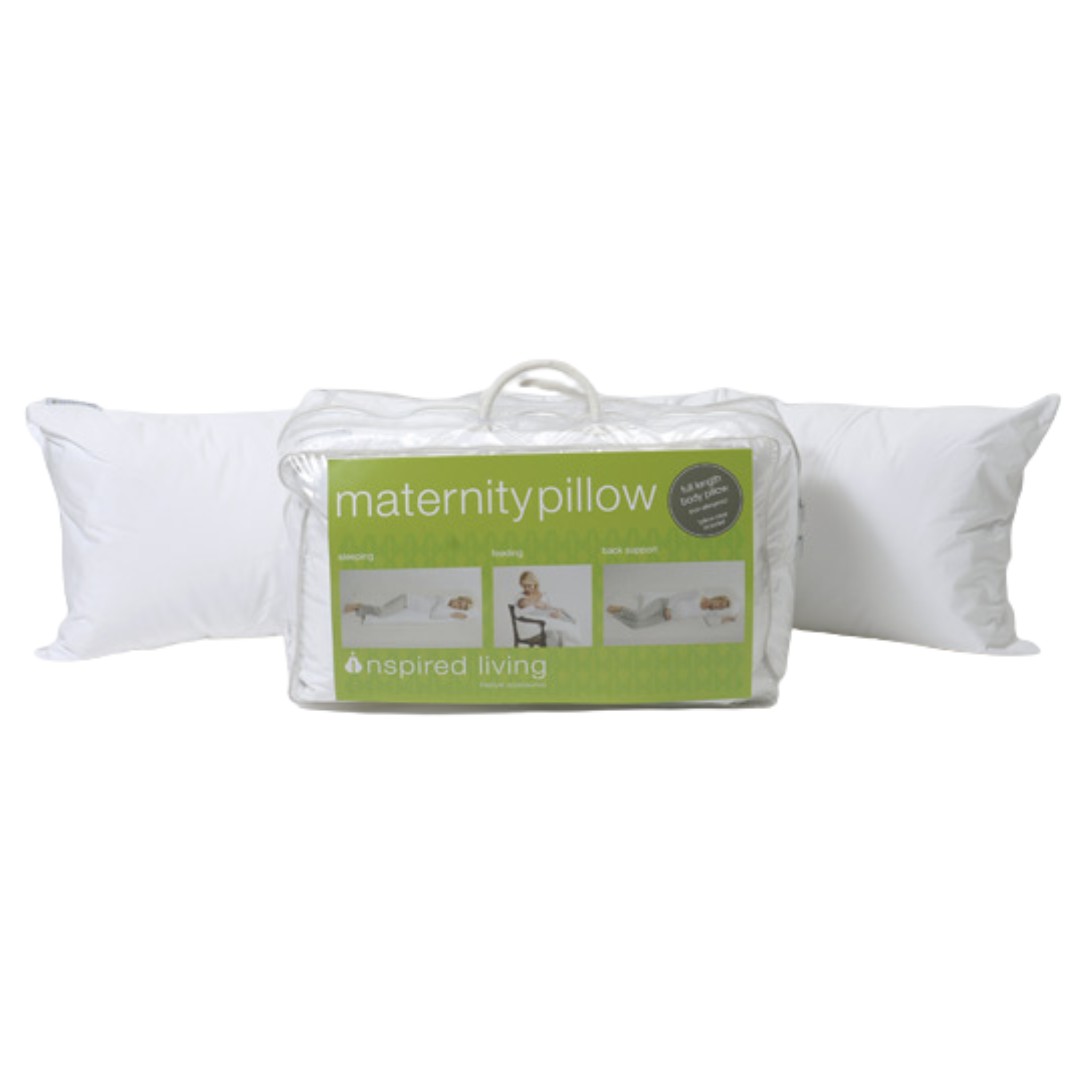 Two white maternity pillows displayed in front of their green and white retail packaging box, which features the text 'maternity pillow' and 'inspired mother'.