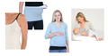 A collage showing a grey maternity belly band worn by a pregnant model, including close-up views of the band over a black bra and leggings, and a wider shot of the model breastfeeding a baby while wearing the band.