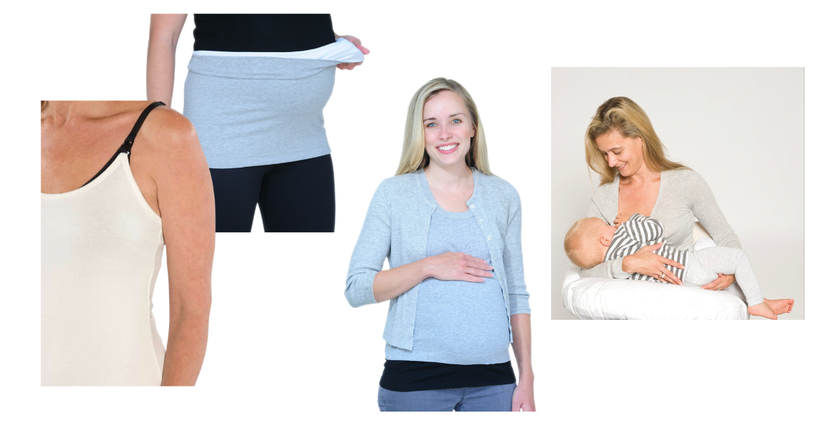 A collage showing a grey maternity belly band worn by a pregnant model, including close-up views of the band over a black bra and leggings, and a wider shot of the model breastfeeding a baby while wearing the band.