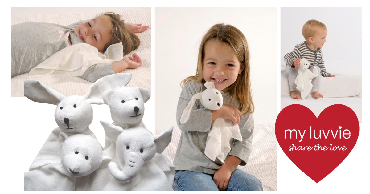 A collage showing children interacting with a white plush bunny lovey blanket. The left panel shows the bunny blanket with three plush bunny faces while a child lies on it.