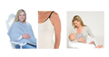 A three-panel collage showing a woman wearing a grey maternity nursing cover-up draped over her baby as she feeds, paired with a white camisole, and breastfeeding a baby on a white chair. A close-up panel shows the white camisole 