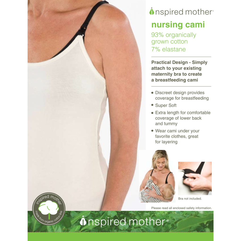 A promotional product image for the inspired mother Nursing Cami. It shows a close-up of a person wearing the white camisole, with text describing its features (93% organically grown cotton, 7% elastane, practical design for breastfeeding) and small inset photos demonstrating use.