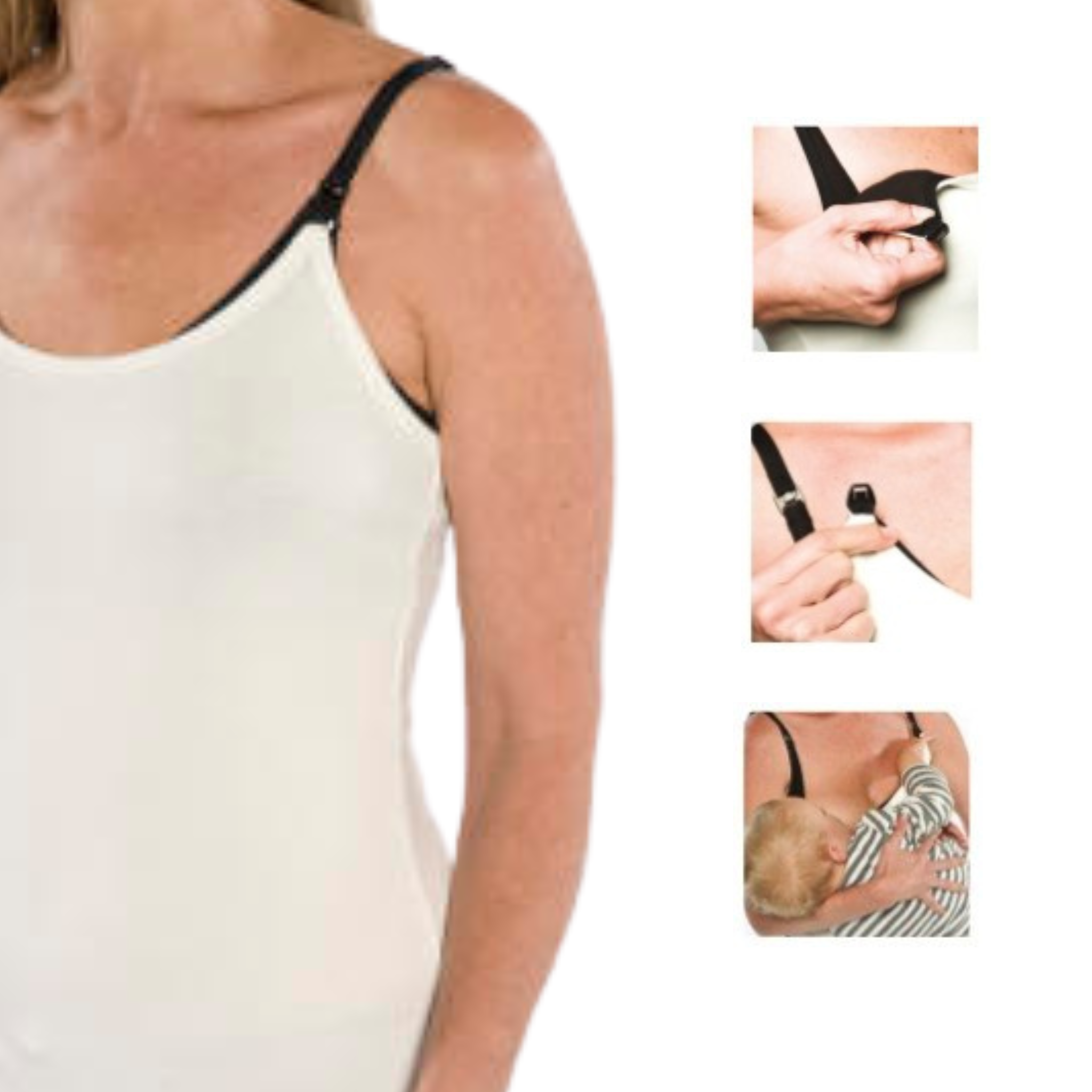 A woman wearing a white cami , shown alongside three inset close-up photos demonstrating the cami being adjusted and used while breastfeeding.
