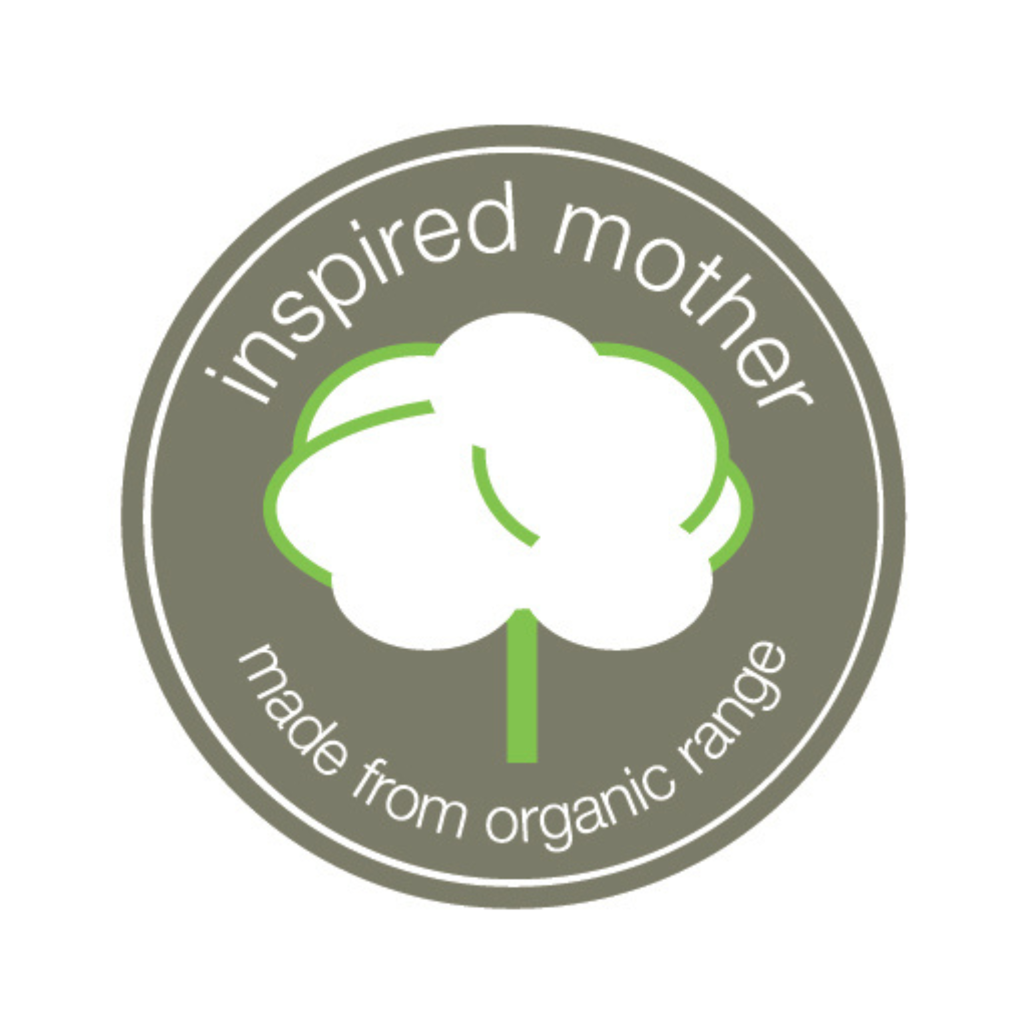 A circular logo or badge on a white background with a muted olive-gray border and a stylized white cloud with green outline and stem. The text reads 'inspired mother' at the top and 'made from organic range' at the bottom.