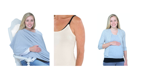 A three-panel collage showing a woman modelling a grey maternity feeding wrap. The left panel shows her seated in a white chair, the center panel is a close-up of the fabric draped over baby, and the right panel shows her standing wearing inspired mother grey tummy band. 
