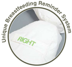 White pillow with 'RIGHT' text and circular graphic labeled 'Unique Breastfeeding Reminder System'.