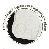 Round weight system with text 'Unique Weight System to keep wrap in place' on a black background